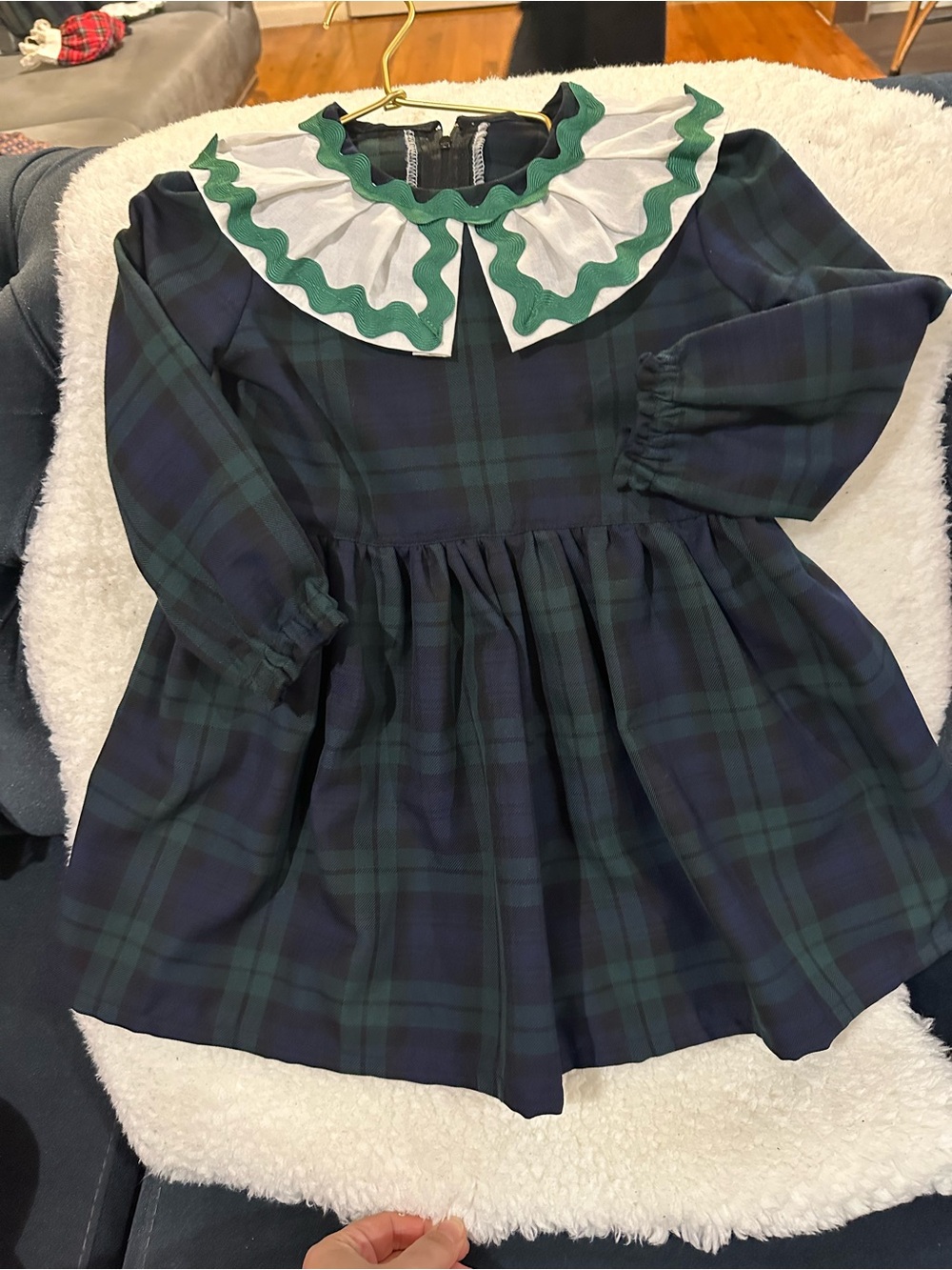 Girls Green & Navy Plaid Dress Costume with Decorative Collar